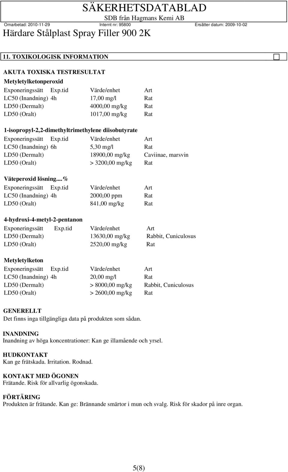 tid Värde/enhet Art LC50 (Inandning) 6h 5,30 mg/l Rat LD50 (Dermalt) 18900,00 mg/kg Caviinae, marsvin LD50 (Oralt) > 3200,00 mg/kg Rat Väteperoxid lösning...% Exponeringssätt Exp.