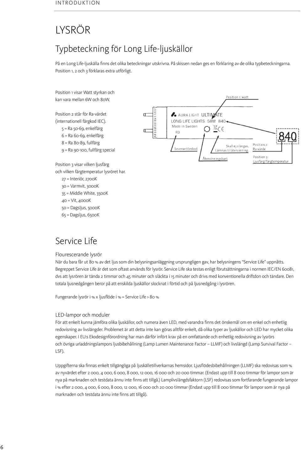 5 = Ra 50-69, enkelfärg 6 = Ra 60-69, enkelfärg 8 = Ra 80-89, fullfärg 9 = Ra 90-100, fullfärg special Position 3 visar vilken ljusfärg och vilken färgtemperatur lysröret har.