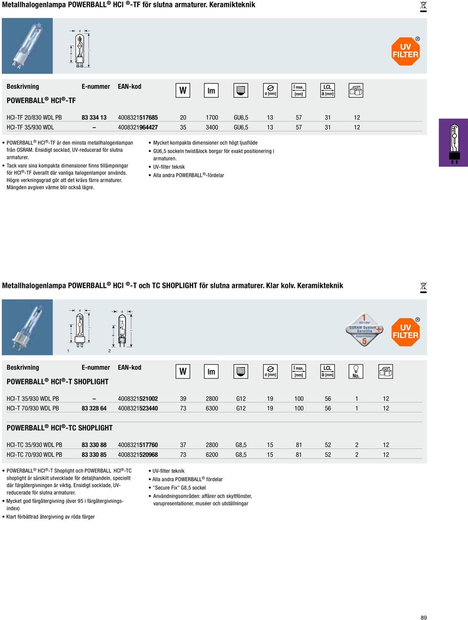 metallhalogenlampan från OSRAM. Ensidigt socklad, UV-reducerad för slutna armaturer. Tack vare sina kompakta dimensioner finns tillämpningar för HCI -TF överallt där vanliga halogenlampor används.