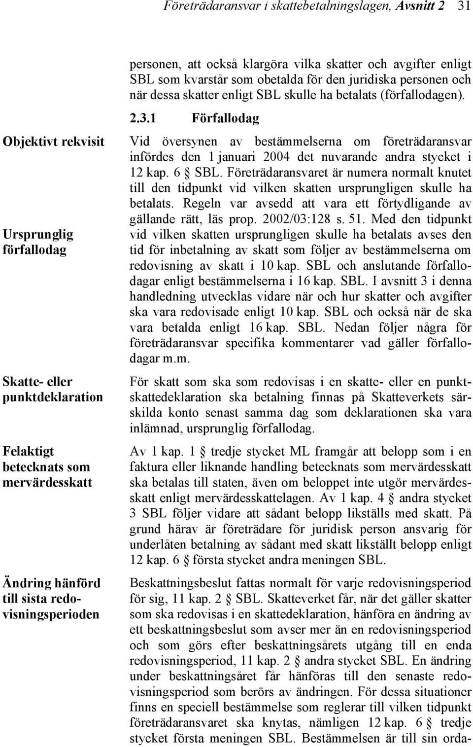 (förfallodagen). 2.3.1 Förfallodag Vid översynen av bestämmelserna om företrädaransvar infördes den 1 januari 2004 det nuvarande andra stycket i 12 kap. 6 SBL.