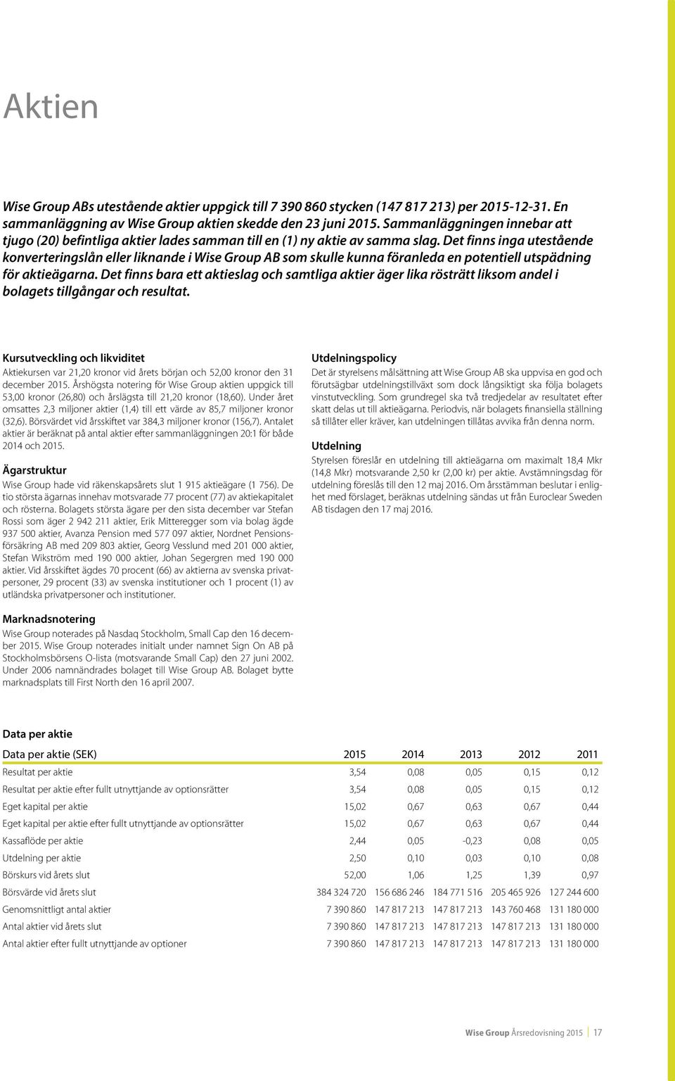 Det finns inga utestående konverteringslån eller liknande i Wise Group AB som skulle kunna föranleda en potentiell utspädning för aktieägarna.