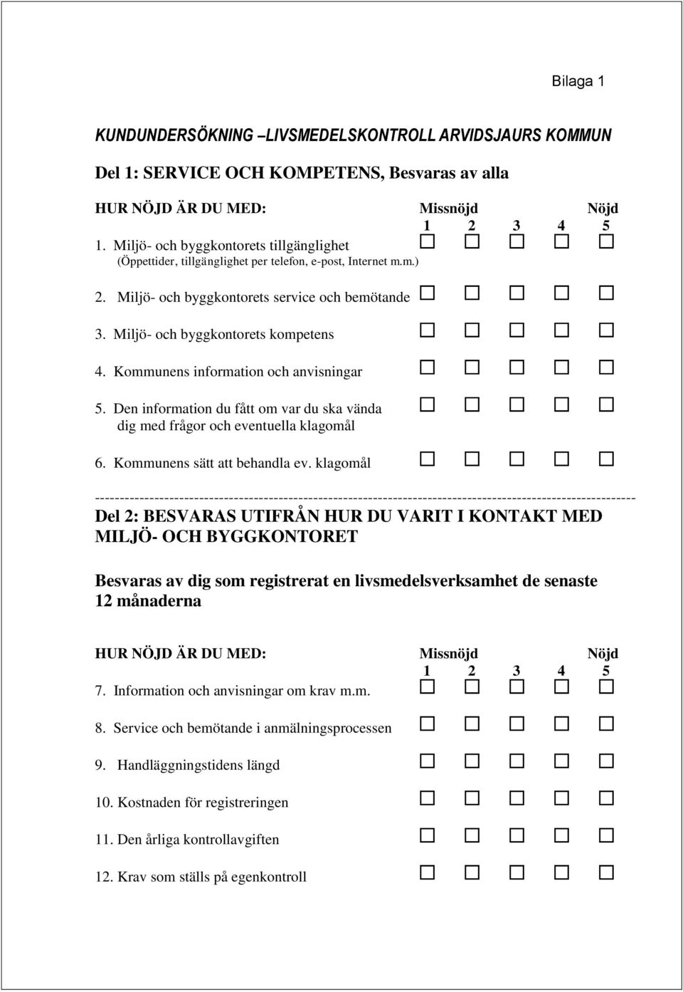 Kommunens information och anvisningar 5. Den information du fått om var du ska vända dig med frågor och eventuella klagomål 6. Kommunens sätt att behandla ev.