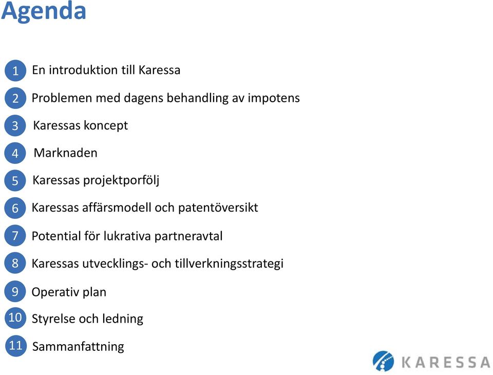 affärsmodell och patentöversikt Potential för lukrativa partneravtal 8 Karessas