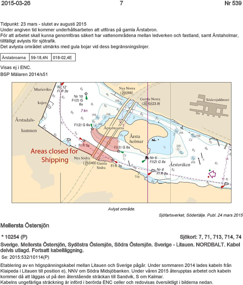 Det avlysta området utmärks med gula bojar vid dess begränsningslinjer. Årstabroarna 59-18,4N 018-02,4E Visas ej i ENC. BSP Mälaren 2014/s51 Avlyst område. Sjöfartsverket, Södertälje. Publ.