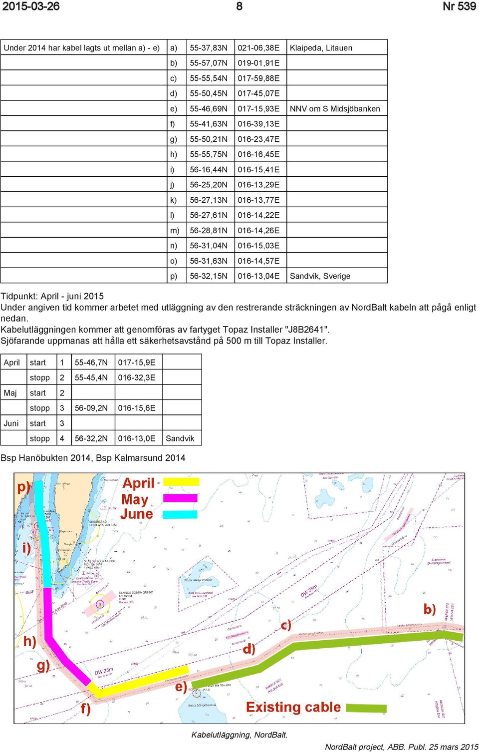 Sjöfarande uppmanas att hålla ett säkerhetsavstånd på 500 m till Topaz Installer.