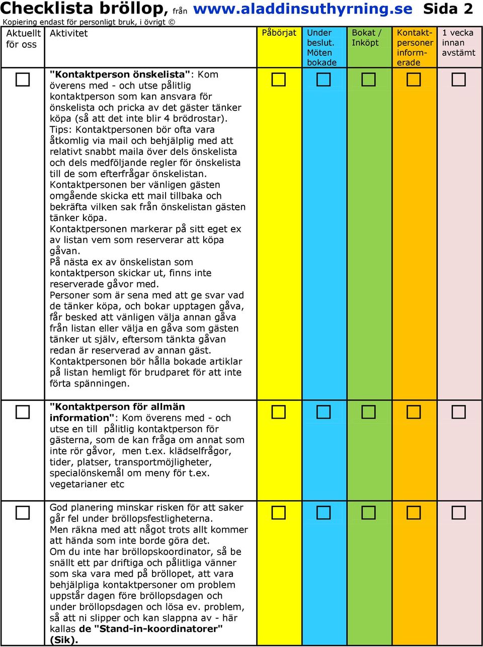 Tips: Kontaktpersonen bör ofta vara åtkomlig via mail och behjälplig med att relativt snabbt maila över dels önskelista och dels medföljande regler för önskelista till de som efterfrågar önskelistan.