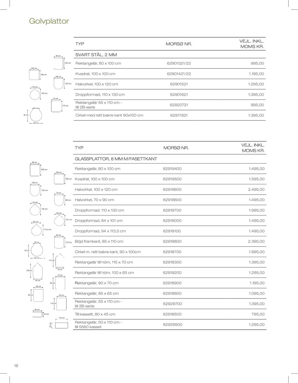 395,00 Rektangelär 55 x 110 cm - till 2B-serie 62920721 995,00 90 cm Cirkel med rett bakre kant 90x100 cm 62917821 1.395,00 100 cm Typ MORSØ NR. VEJL. INKL. MOMS KR.