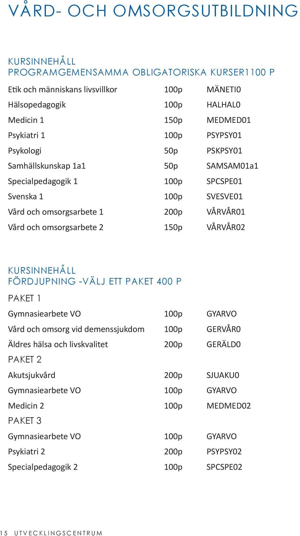 omsorgsarbete 2 150p VÅRVÅR02 KURSINNEHÅLL FÖRDJUPNING -VÄLJ ETT PAKET 400 P PAKET 1 Gymnasiearbete VO GYARVO Vård och omsorg vid demenssjukdom GERVÅR0 Äldres hälsa och livskvalitet