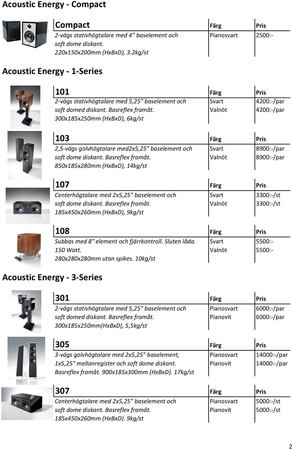 Valnöt 4200:-/par 300x185x250mm (HxBxD), 6kg/st 103 Färg 2,5-vägs golvhögtalare med2x5,25" baselement och Svart 8900:-/par soft dome diskant. Basreflex framåt.