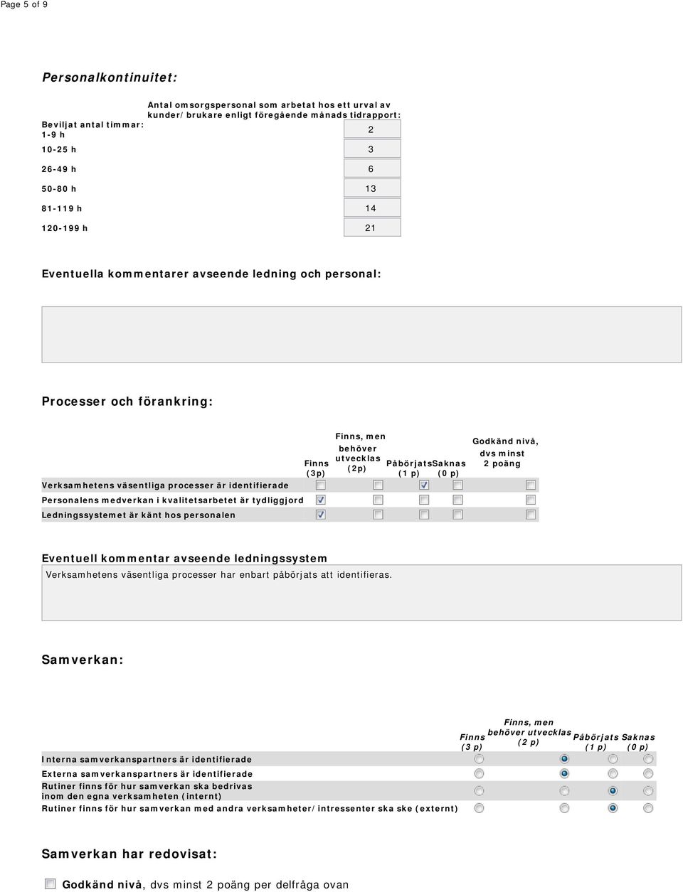 är tydliggjord Ledningssystemet är känt hos personalen (3p), men behöver utvecklas (2p) PåbörjatsSaknas Godkänd nivå, dvs minst 2 poäng Eventuell kommentar avseende ledningssystem Verksamhetens