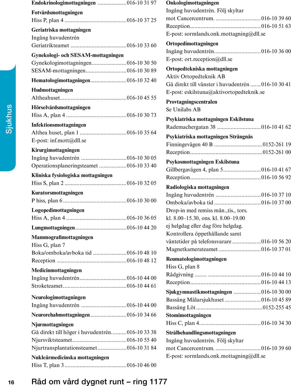 ..016-10 45 55 Hörselvårdsmottagningen Hiss A, plan 4...016-10 30 73 Infektionsmottagningen Althea huset, plan 1...016-10 35 64 E-post: inf.mott@dll.se Kirurgimottagningen Ingång huvudentrén.