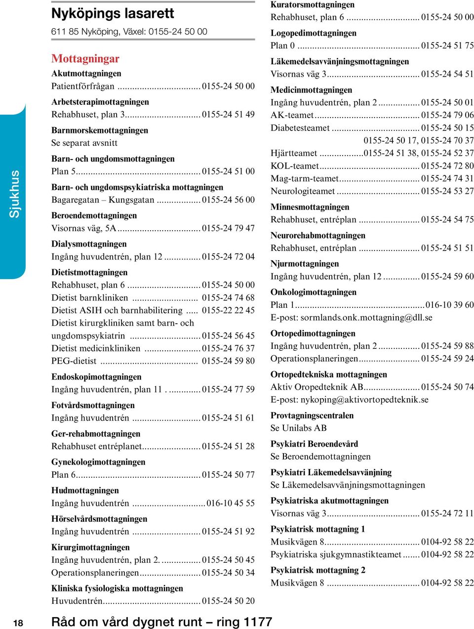 .. 0155-24 56 00 Beroendemottagningen Visornas väg, 5A... 0155-24 79 47 Dialysmottagningen Ingång huvudentrén, plan 12... 0155-24 72 04 Dietistmottagningen Rehabhuset, plan 6.