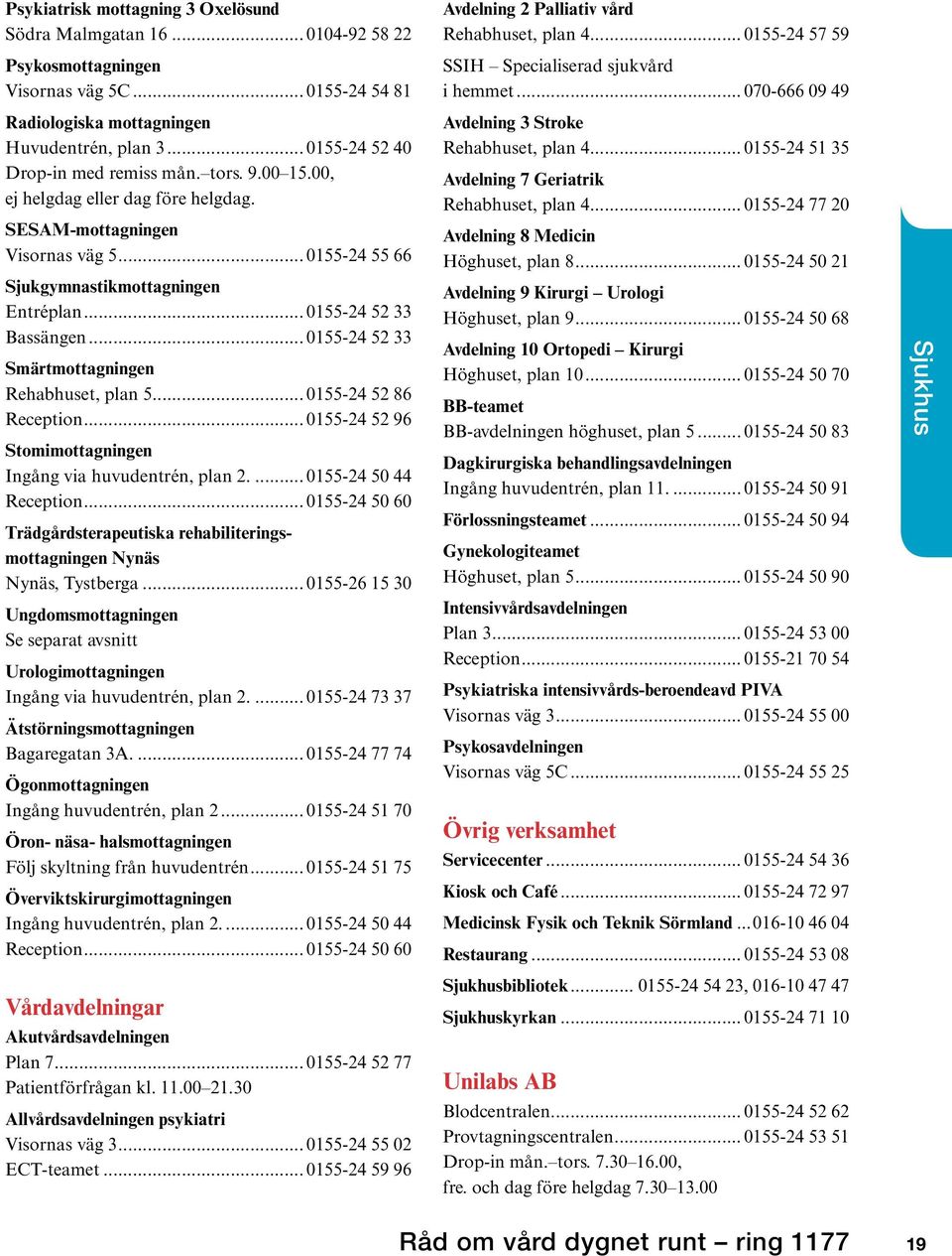 .. 0155-24 52 33 Bassängen... 0155-24 52 33 Smärtmottagningen Rehabhuset, plan 5... 0155-24 52 86 Reception... 0155-24 52 96 Stomimottagningen Ingång via huvudentrén, plan 2... 0155-24 50 44 Reception.