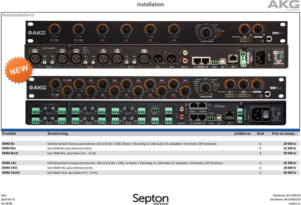 Som DMM 8UL, plus Dante (4 In - 14 Ut) Sofistikerad Gain Sharing automatmixer, 14ch In (12 Mic + USB), 2x Master + Recording Ut, USB udio I/O,