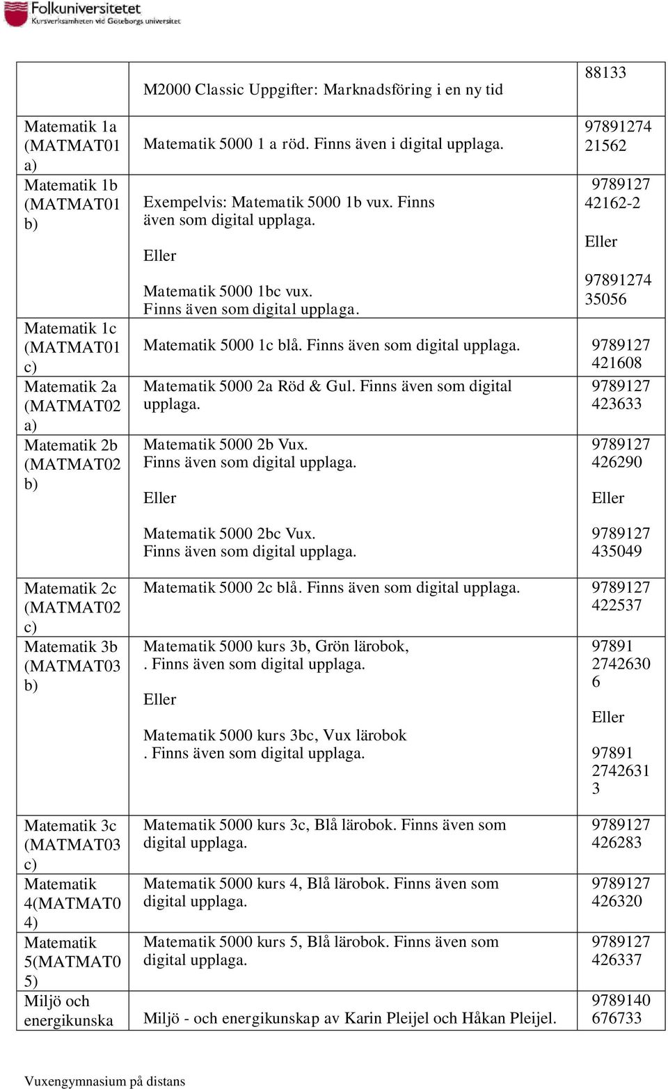 Finns även som digital upplaga. 421608 Matematik 5000 2a Röd & Gul. Finns även som digital upplaga. 423633 Matematik 5000 2b Vux. Finns även som digital upplaga. 426290 Matematik 5000 2bc Vux.