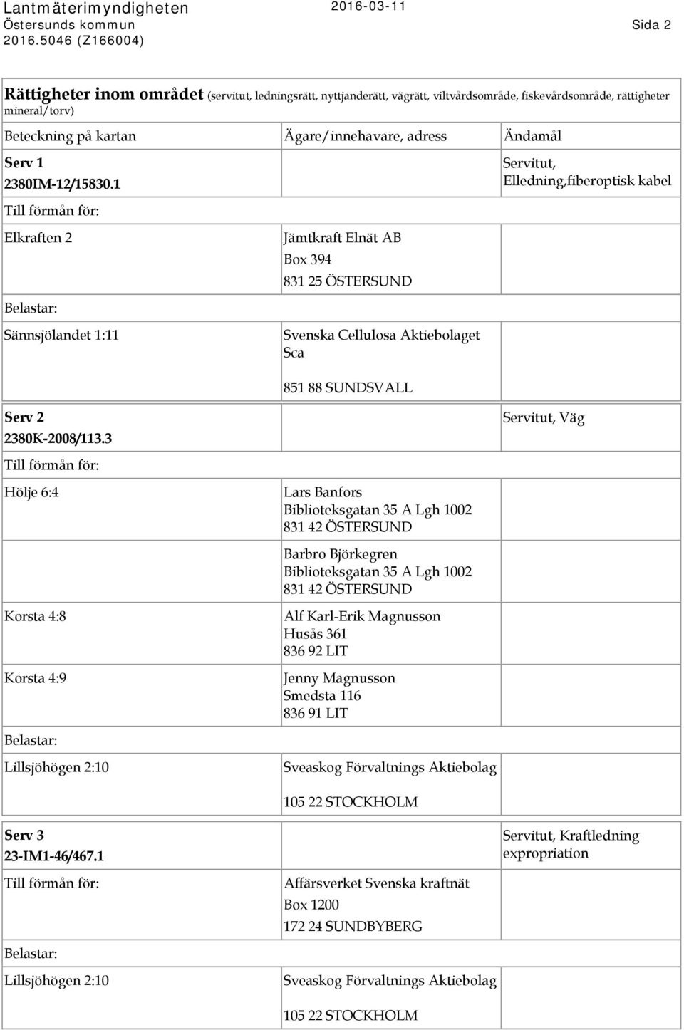 3 Servitut, Väg Hölje 6:4 Lars Banfors Biblioteksgatan 35 A Lgh 1002 831 42 ÖSTERSUND Barbro Björkegren Biblioteksgatan 35 A Lgh 1002 831 42 ÖSTERSUND Korsta 4:8 Korsta