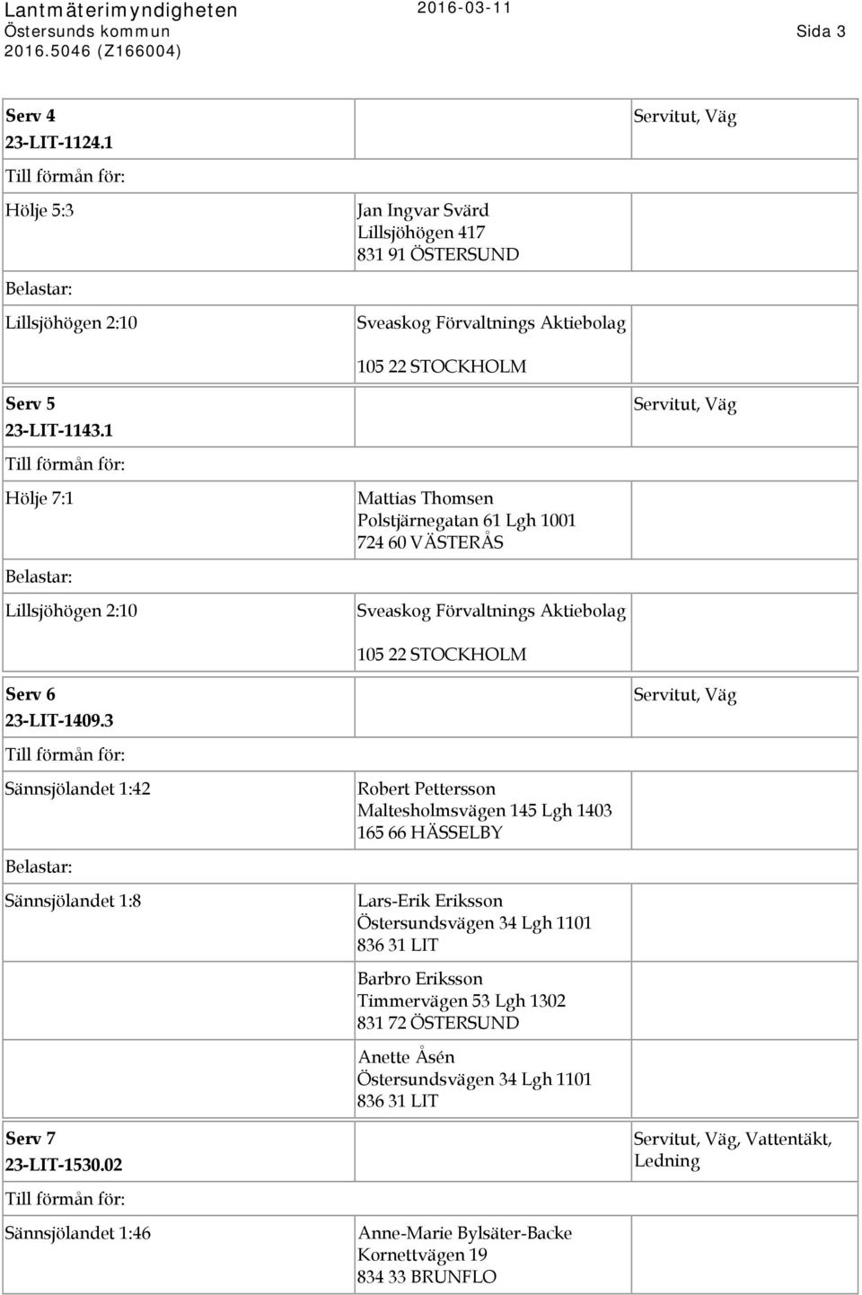 3 Servitut, Väg Sännsjölandet 1:42 Robert Pettersson Maltesholmsvägen 145 Lgh 1403 165 66 HÄSSELBY Sännsjölandet 1:8 Lars-Erik Eriksson