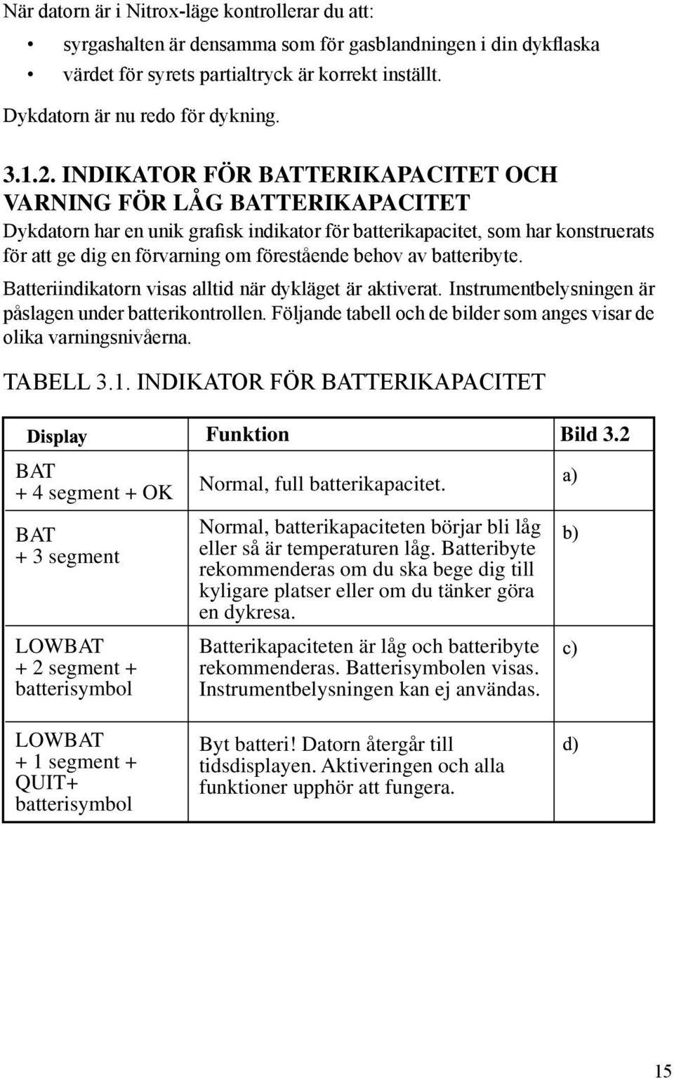 Indikator för batterikapacitet och varning för låg batterikapacitet Dykdatorn har en unik grafisk indikator för batterikapacitet, som har konstruerats för att ge dig en förvarning om förestående