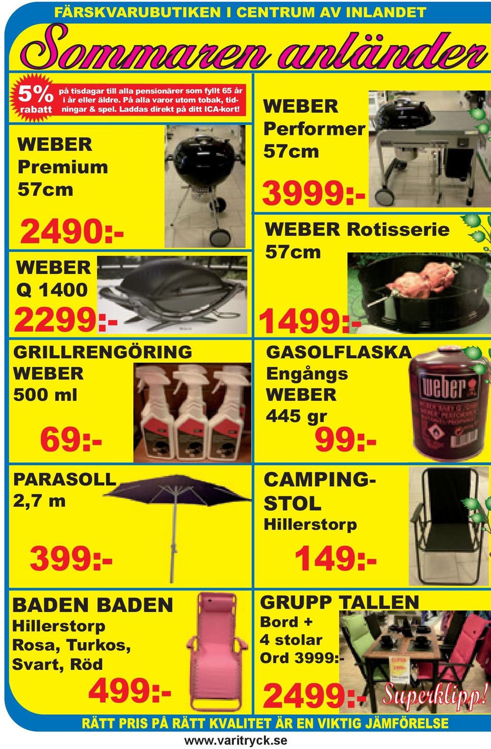 WEBER Premium 57cm WEBER Q 1400 2499:- 2299:- GRILLRENGÖRING WEBER 500 ml PARASOLL 2,7 m BADEN BADEN Hillerstorp Rosa, Turkos, Svart, Röd