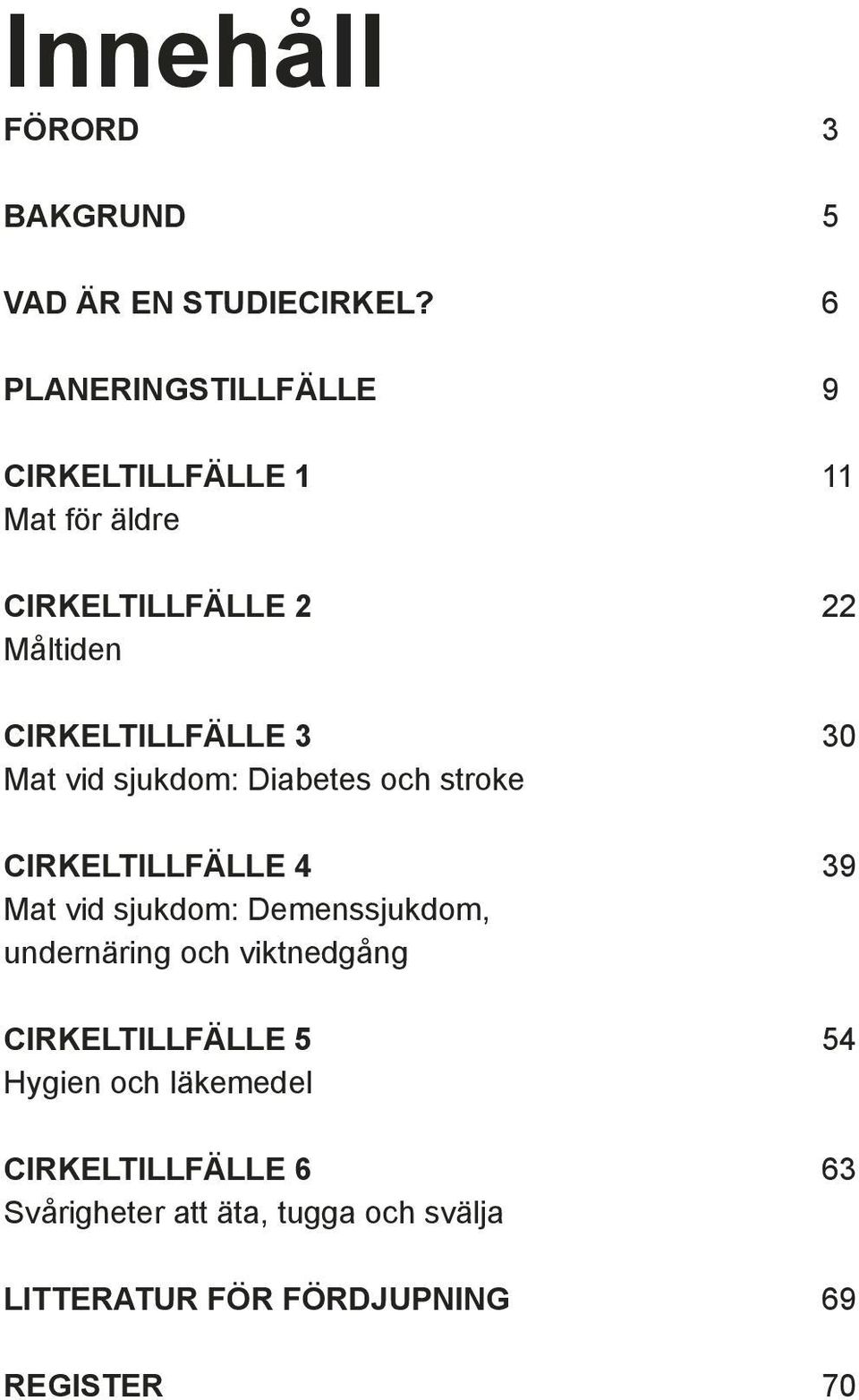 3 30 Mat vid sjukdom: Diabetes och stroke CIRKELTILLFÄLLE 4 39 Mat vid sjukdom: Demenssjukdom,