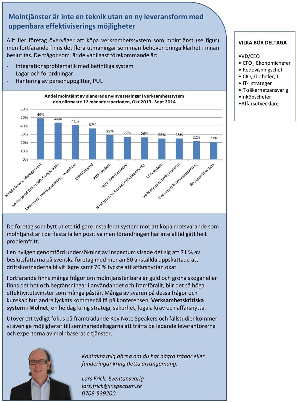 De frågor som är de vanligast förekommande är: - Integrationsproblematik med befintliga system - Lagar och förordningar - Hantering av personuppgifter, PUL VILKA BÖR DELTAGA VD/CEO CFO, Ekonomichefer