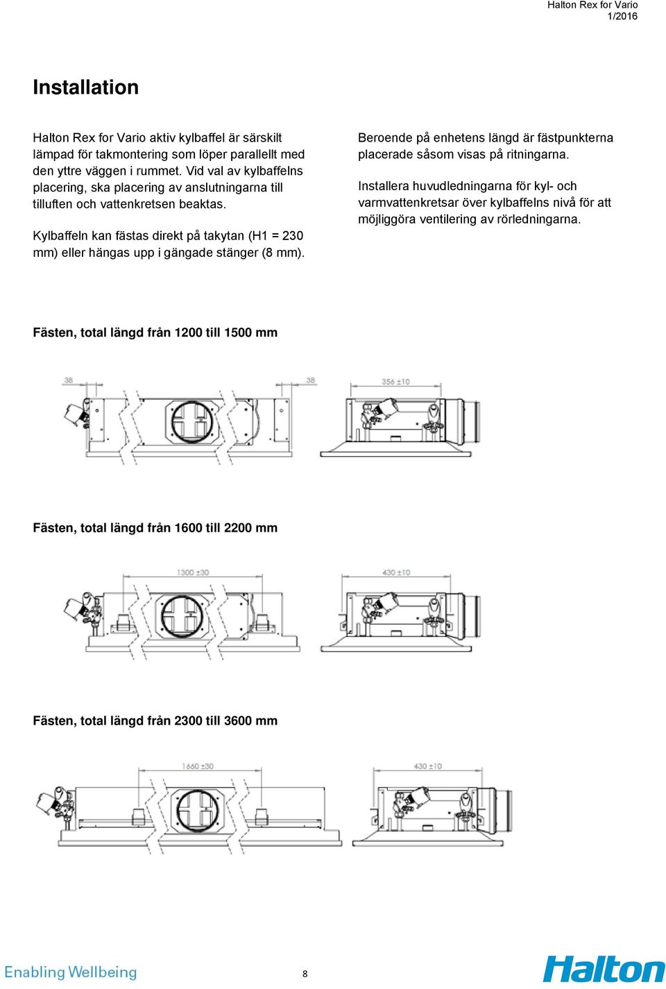 Kylbaffeln kan fästas direkt på takytan (H1 = 230 mm) eller hängas upp i gängade stänger (8 mm).