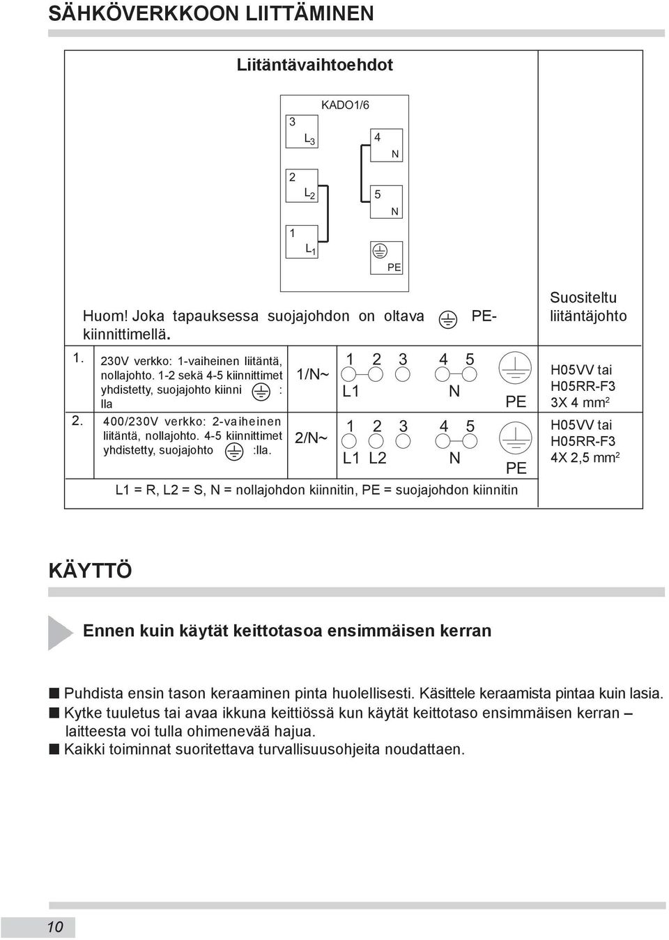 L1 L2 N PE L1 = R, L2 = S, N = nollajohdon kiinnitin, PE = suojajohdon kiinnitin Suositeltu liitäntäjohto H05VV tai H05RR-F3 3X 4 mm 2 H05VV tai H05RR-F3 4X 2,5 mm 2 KÄYTTÖ Ennen kuin käytät