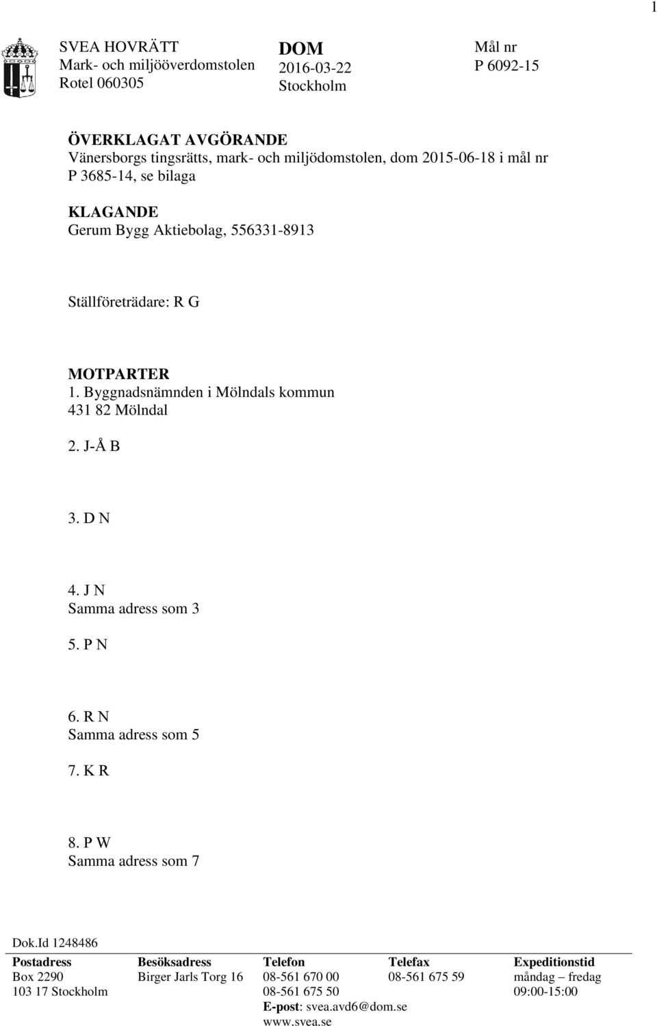 J-Å B 3. D N 4. J N Samma adress som 3 5. P N 6. R N Samma adress som 5 7. K R 8. P W Samma adress som 7 Dok.