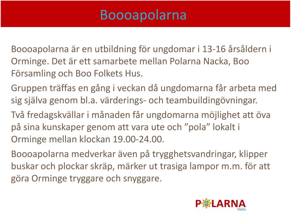 Gruppen träffas en gång i veckan då ungdomarna får arbeta med sig själva genom bl.a. värderings- och teambuildingövningar.