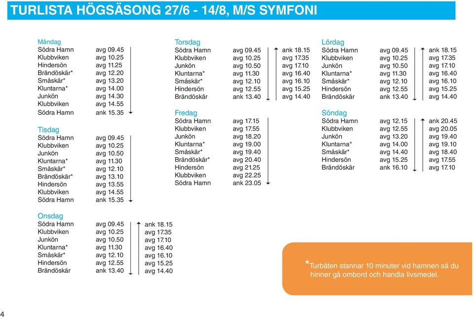40 Brändöskär* avg 20.40 Hindersön avg 21.25 Klubbviken avg 22.25 Södra Hamn ank 23.05 Lördag Söndag Södra Hamn avg 12.15 Klubbviken avg 12.55 Junkön avg 13.