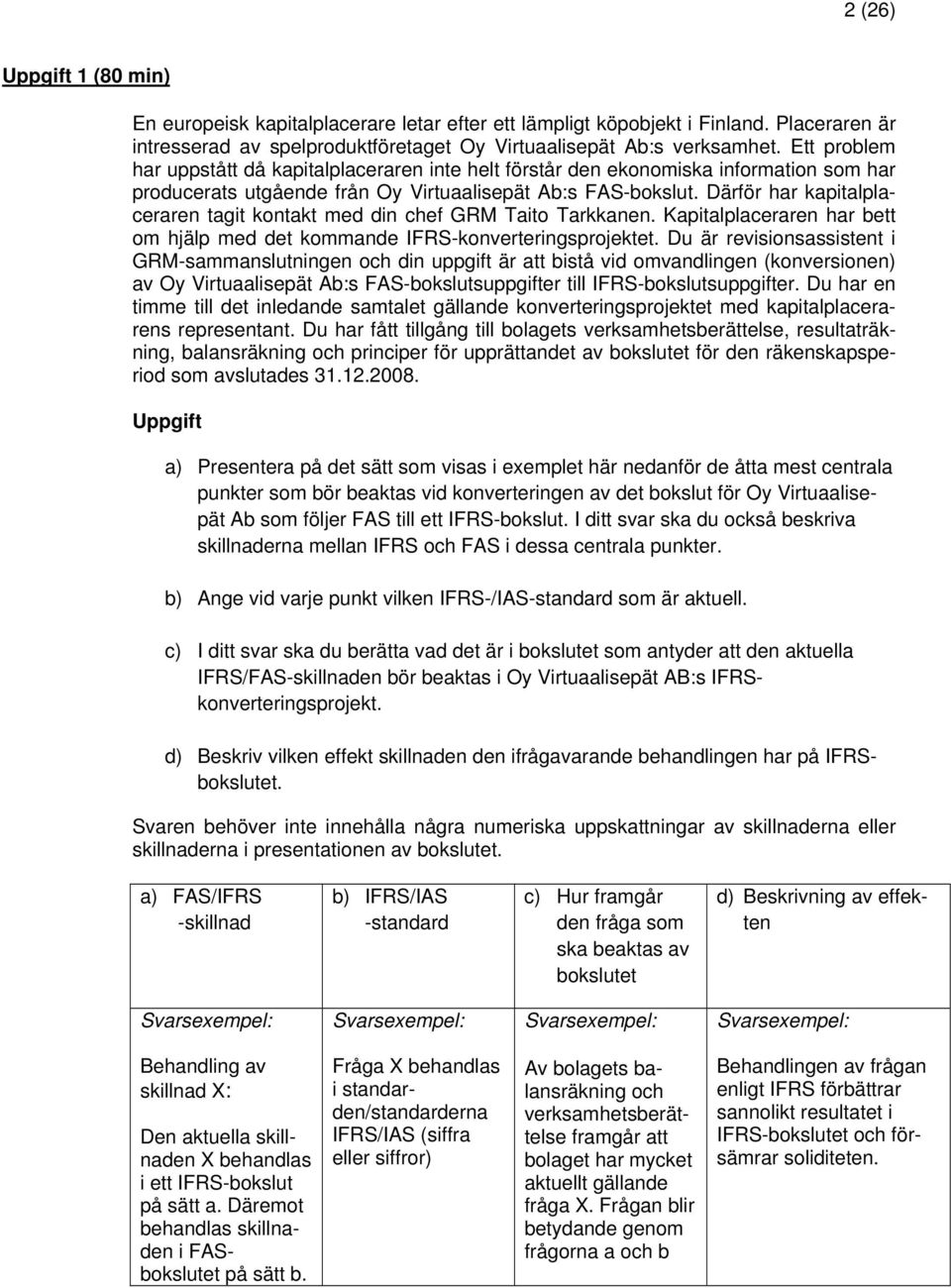 Därför har kapitalplaceraren tagit kontakt med din chef GRM Taito Tarkkanen. Kapitalplaceraren har bett om hjälp med det kommande IFRS-konverteringsprojektet.