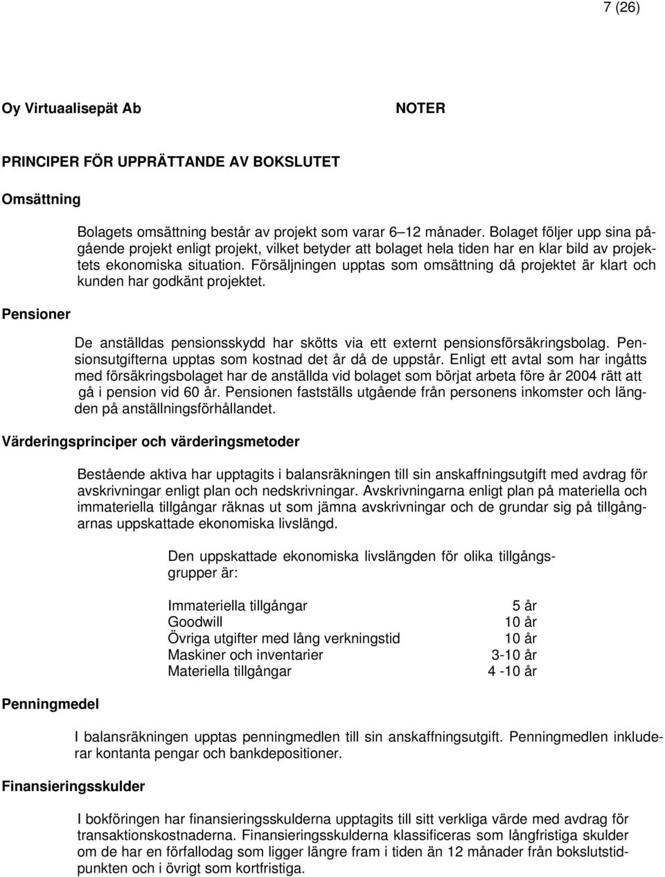 Försäljningen upptas som omsättning då projektet är klart och kunden har godkänt projektet. De anställdas pensionsskydd har skötts via ett externt pensionsförsäkringsbolag.