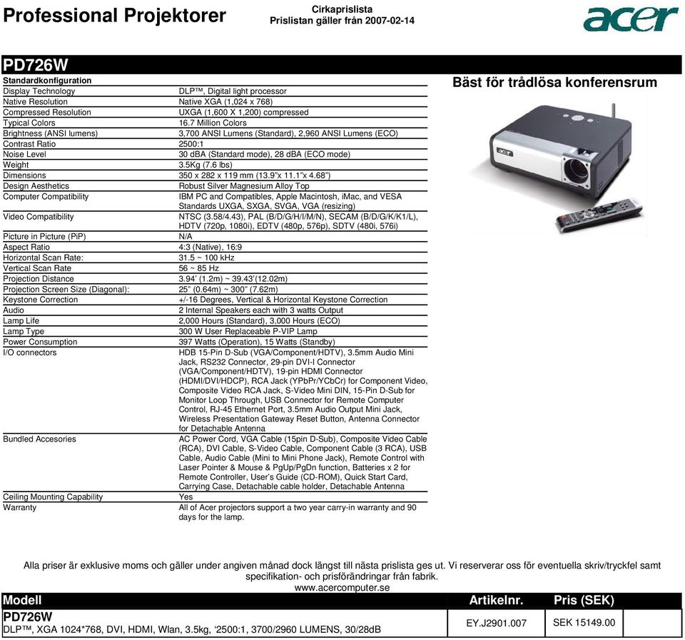 Silver Magnesium Alloy Top Computer Compatibility Standards UXGA, SXGA, SVGA, VGA (resizing) NTSC (358/443), PAL (B/D/G/H/I/M/N), SECAM (B/D/G/K/K1/L), Picture in Picture (PiP) N/A Aspect Ratio 4:3