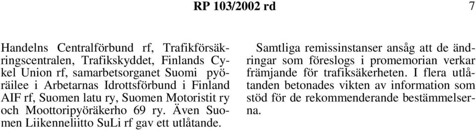 Även Suomen Liikenneliitto SuLi rf gav ett utlåtande.