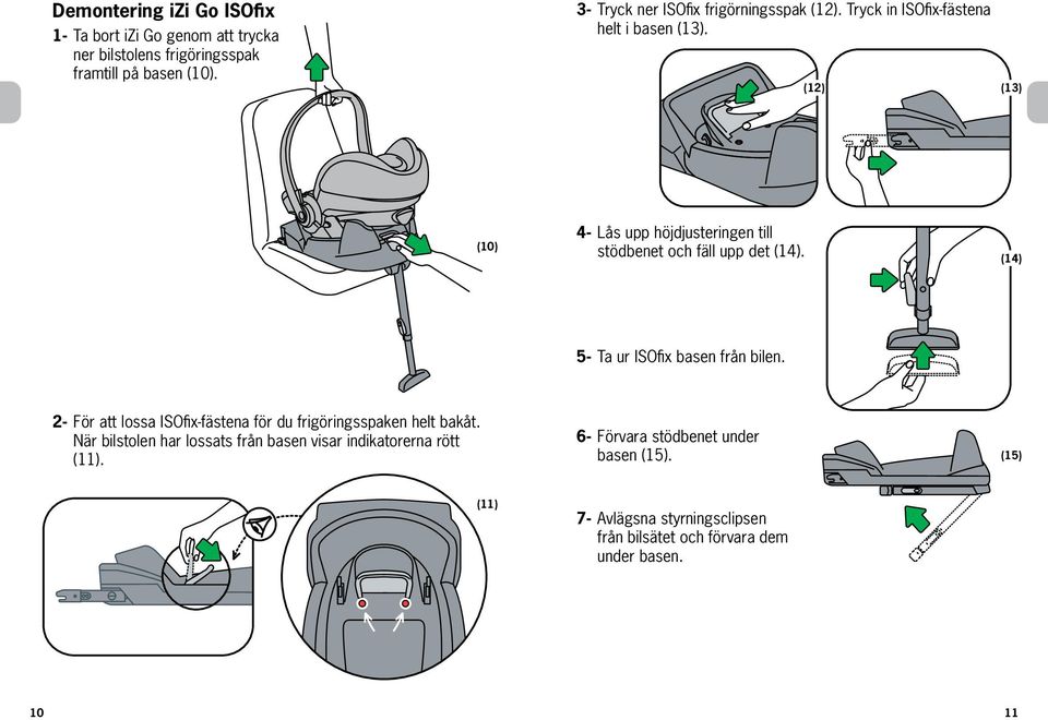 1 (12) (13) (10) 4- Lås upp höjdjusteringen till stödbenet och fäll upp det (14). (14) 5- Ta ur ISOfix basen från bilen.