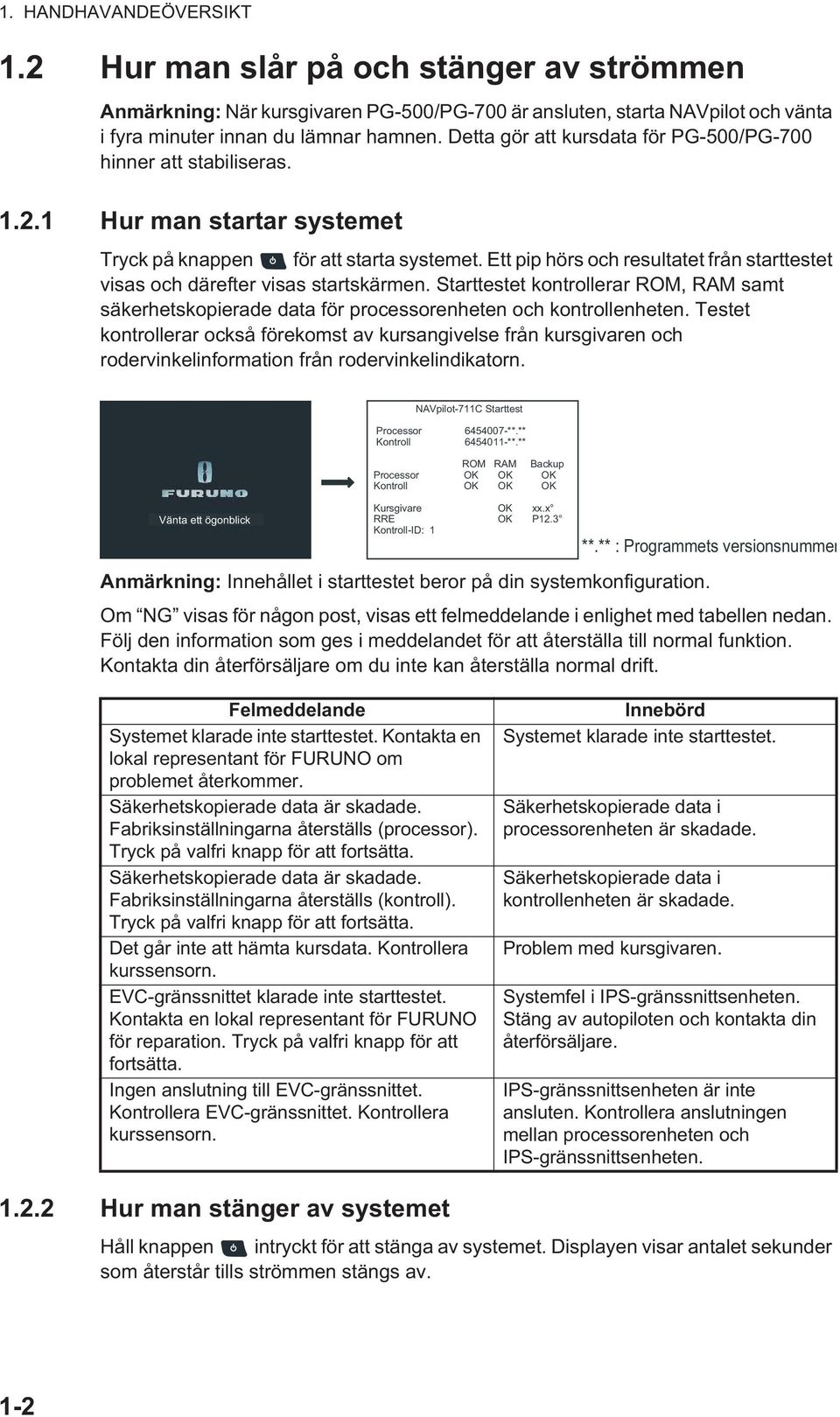 Ett pip hörs och resultatet från starttestet visas och därefter visas startskärmen. Starttestet kontrollerar ROM, RAM samt säkerhetskopierade data för processorenheten och kontrollenheten.