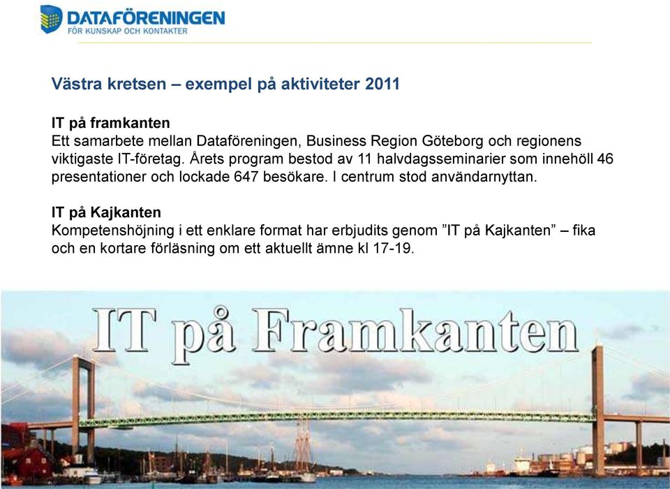 Årets program bestod av 11 halvdagsseminarier som innehöll 46 presentationer och lockade 647 besökare.