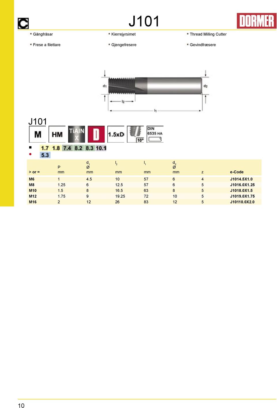 5X1.0 M8 1.25 6 12.5 57 6 5 J1016.0X1.25 M10 1.5 8 16.5 63 8 5 J1018.0X1.5 M12 1.