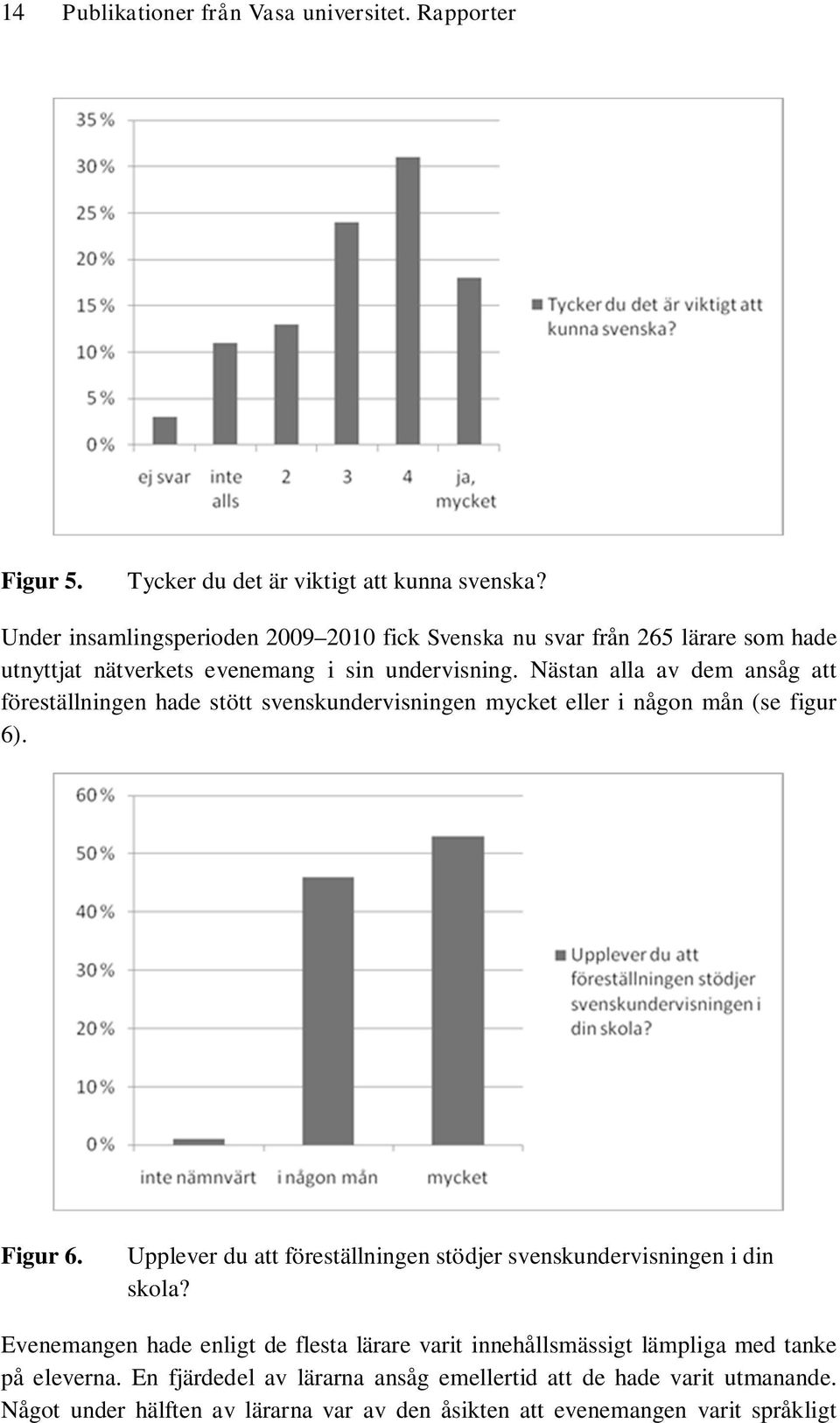 Nästan alla av dem ansåg att föreställningen hade stött svenskundervisningen mycket eller i någon mån (se figur 6). Figur 6.