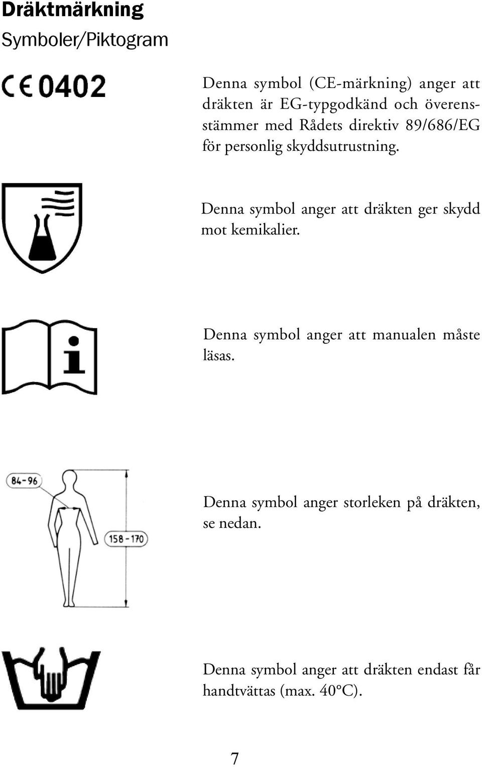 Denna symbol anger att dräkten ger skydd mot kemikalier.