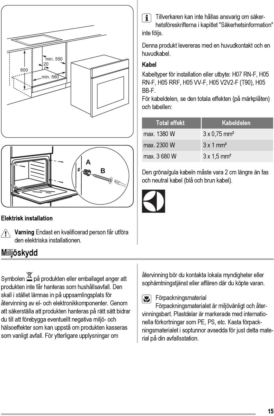 För kabeldelen, se den totala effekten (på märkplåten) och tabellen: A B Total effekt max. 1380 W max. 2300 W max.