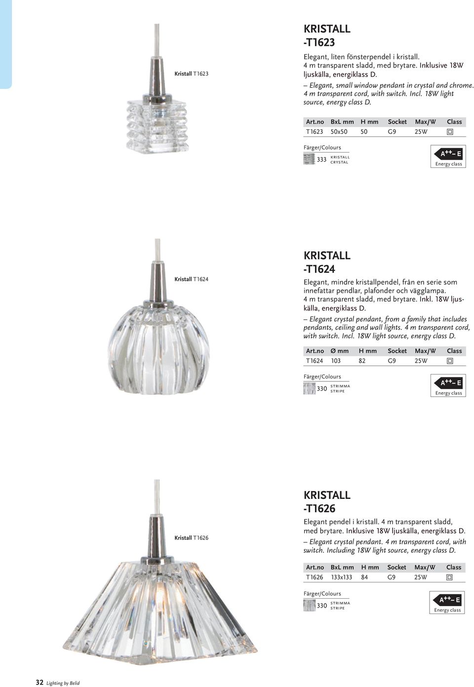 no BxL mm H mm Socket Max/W Class T1623 50x50 50 G9 25W 333 kristall crystal Kristall T1624 KRISTALL -T1624 Elegant, mindre kristallpendel, från en serie som innefattar pendlar, plafonder och