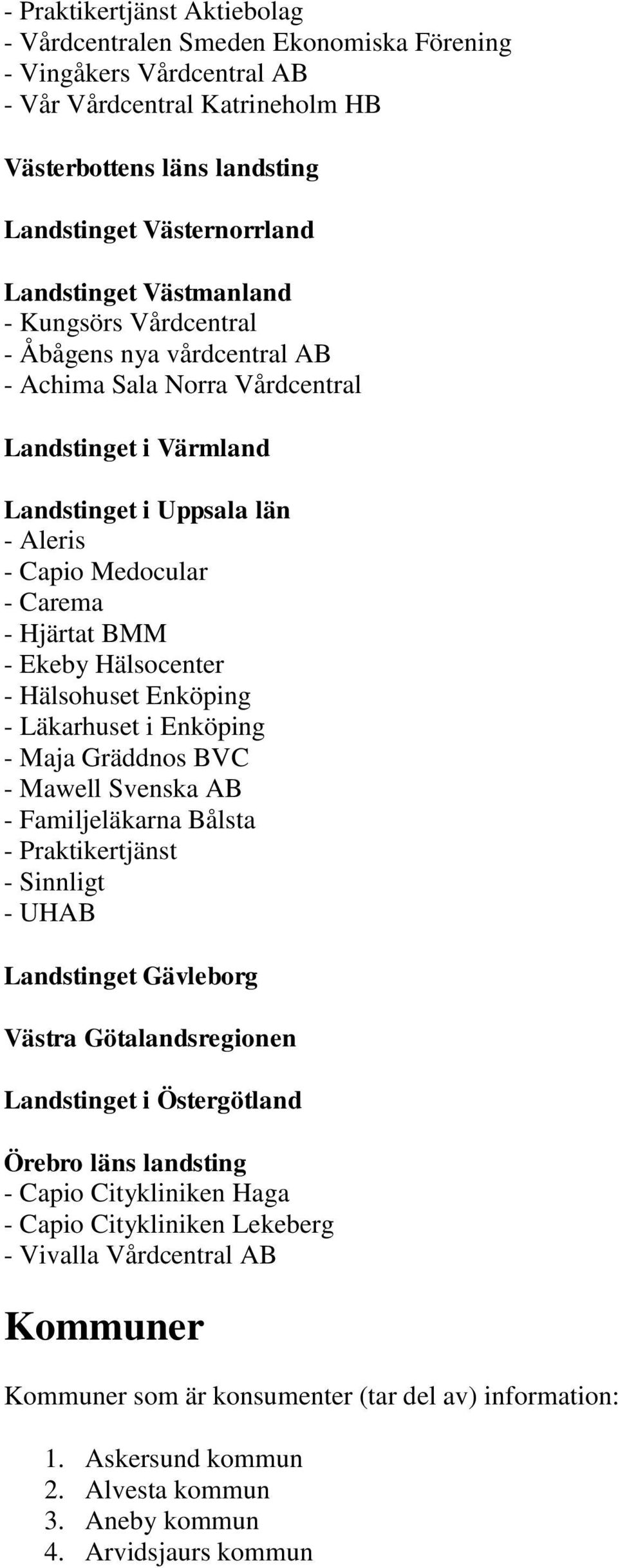 Ekeby Hälsocenter - Hälsohuset Enköping - Läkarhuset i Enköping - Maja Gräddnos BVC - Mawell Svenska AB - Familjeläkarna Bålsta - Praktikertjänst - Sinnligt - UHAB Landstinget Gävleborg Västra