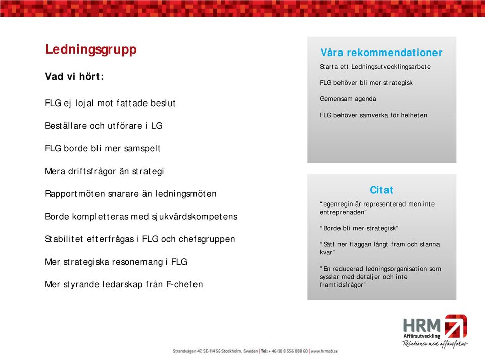 kompletteras med sjukvårdskompetens Stabilitet efterfrågas i FLG och chefsgruppen Mer strategiska resonemang i FLG Mer styrande ledarskap från F-chefen Citat egenregin är