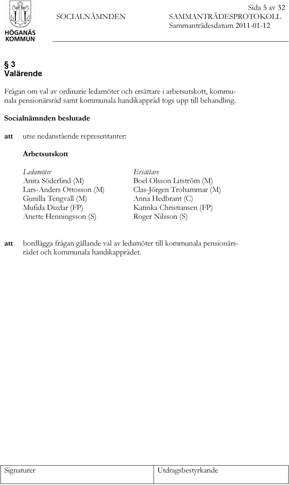 Socialnämnden beslutade att utse nedanstående representanter: Arbetsutskott Ledamöter Anita Söderlind (M) Lars-Anders Ottosson (M) Gunilla Tengvall (M) Mufida Dizdar (FP)