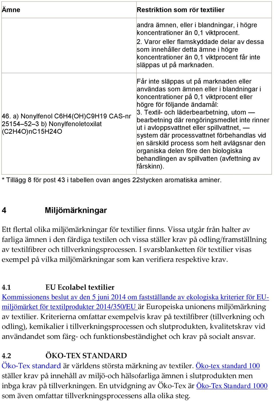 a) Nonylfenol C6H4(OH)C9H19 CAS-nr 25154 52 3 b) Nonylfenoletoxilat (C2H4O)nC15H24O Får inte släppas ut på marknaden eller användas som ämnen eller i blandningar i koncentrationer på 0,1 viktprocent