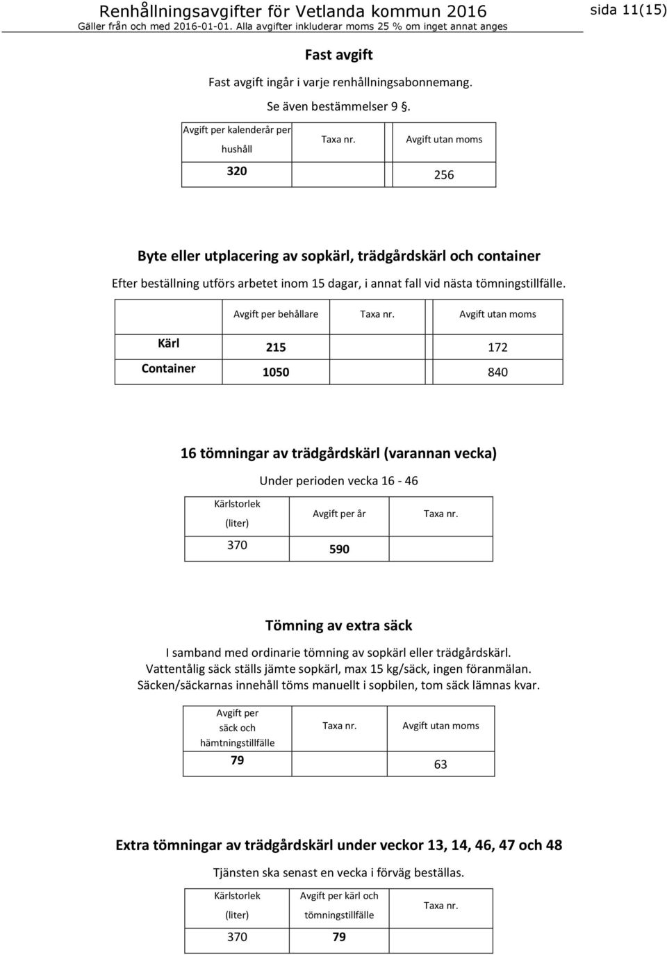 behållare Avgift utan Kärl 215 172 Container 1050 840 16 tömningar av trädgårdskärl (varannan vecka) Under perioden vecka 16-46 370 590 Tömning av extra säck I samband med ordinarie tömning av