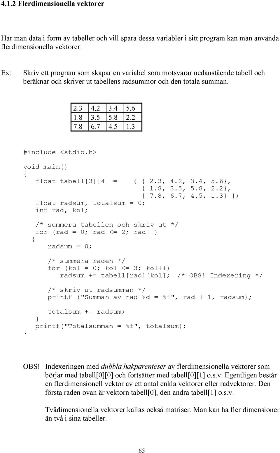 3 #include <stdio.h> void main() float tabell[3][4] = 2.3, 4.2, 3.4, 5.6, 1.8, 3.5, 5.8, 2.2, 7.8, 6.7, 4.5, 1.