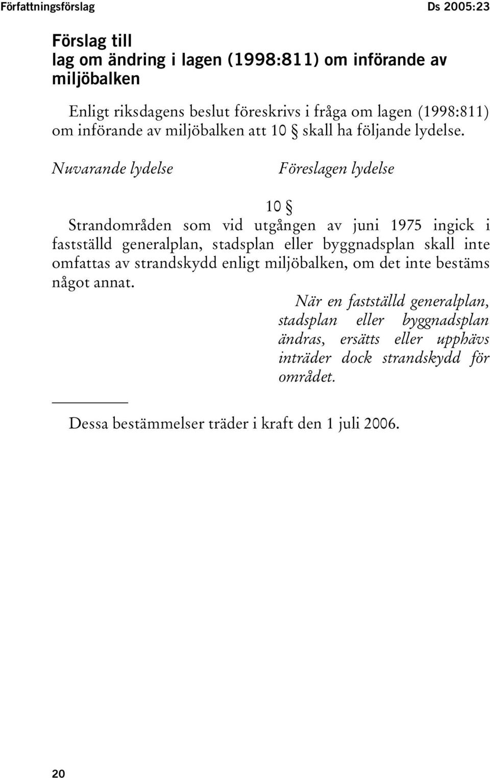 Nuvarande lydelse Föreslagen lydelse 10 Strandområden som vid utgången av juni 1975 ingick i fastställd generalplan, stadsplan eller byggnadsplan skall inte