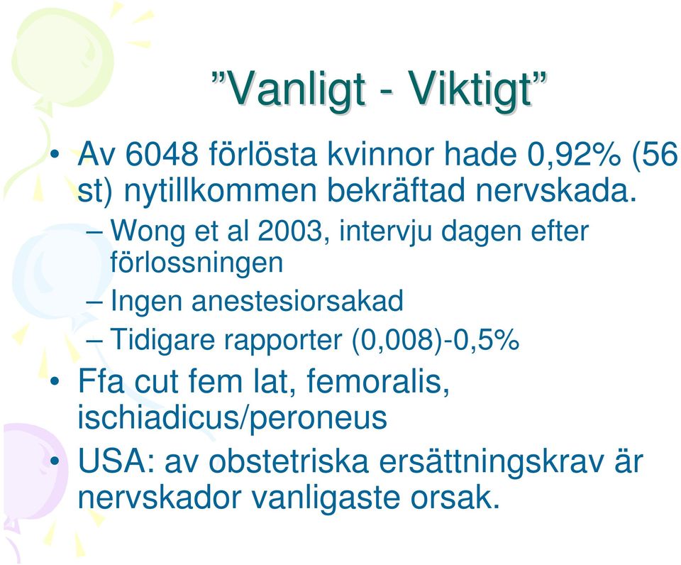 Wong et al 2003, intervju dagen efter förlossningen Ingen anestesiorsakad